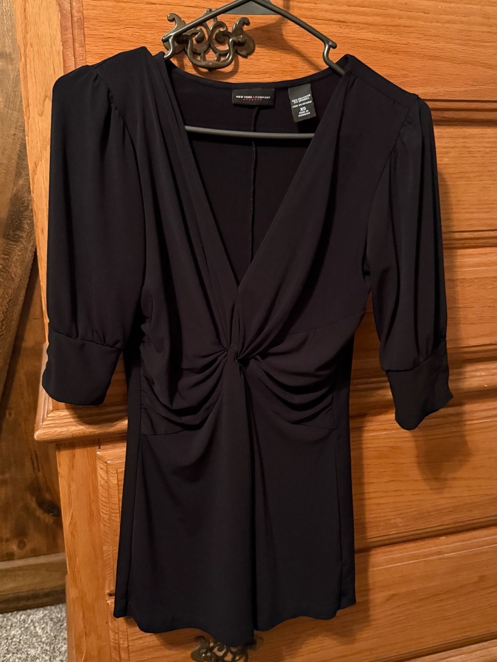 New York & Company Black Knot-Front V-Neck Tunic